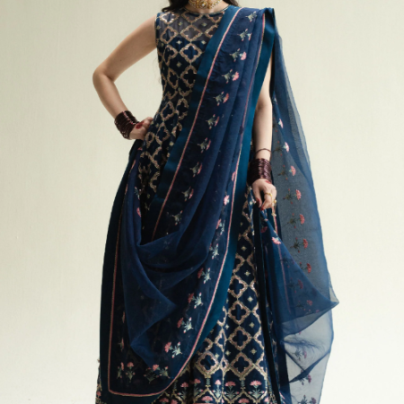 Zara Shahjahan regal blue organza Anarkali embroidery