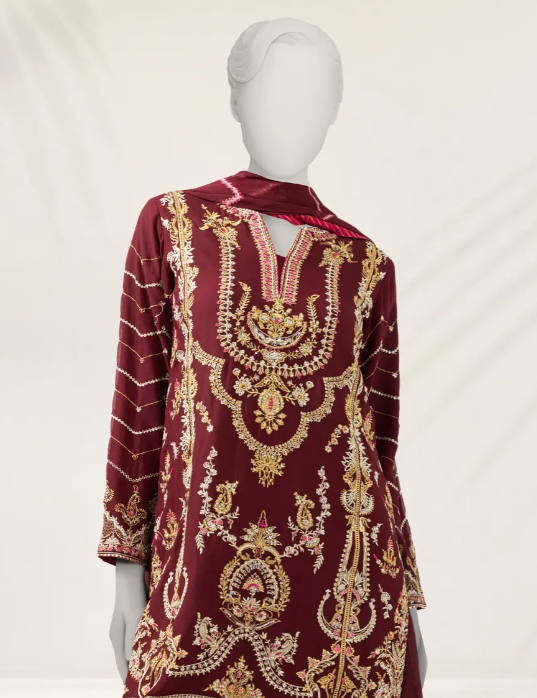 J. MAROON EMBROIDERED CHIFFON UNSTITCHED 3PC