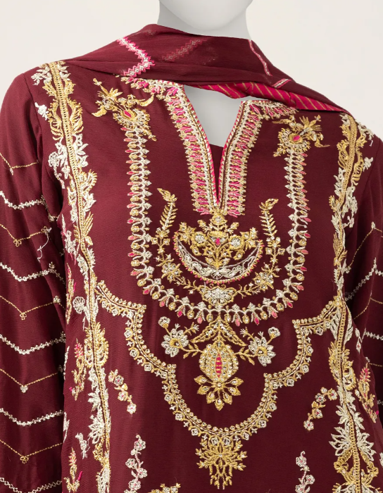 J. MAROON EMBROIDERED CHIFFON UNSTITCHED 3PC
