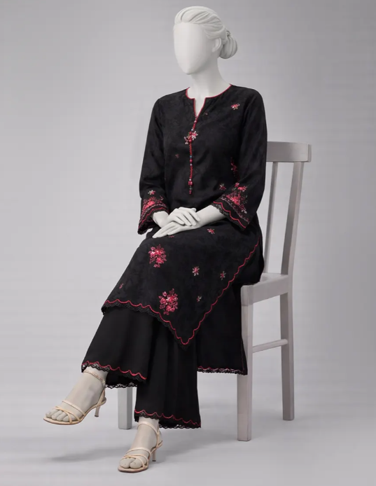j. BLACK TEXTURED EMBROIDERED UNSTITCHED 2PC