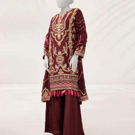 J. MAROON EMBROIDERED CHIFFON UNSTITCHED 3PC