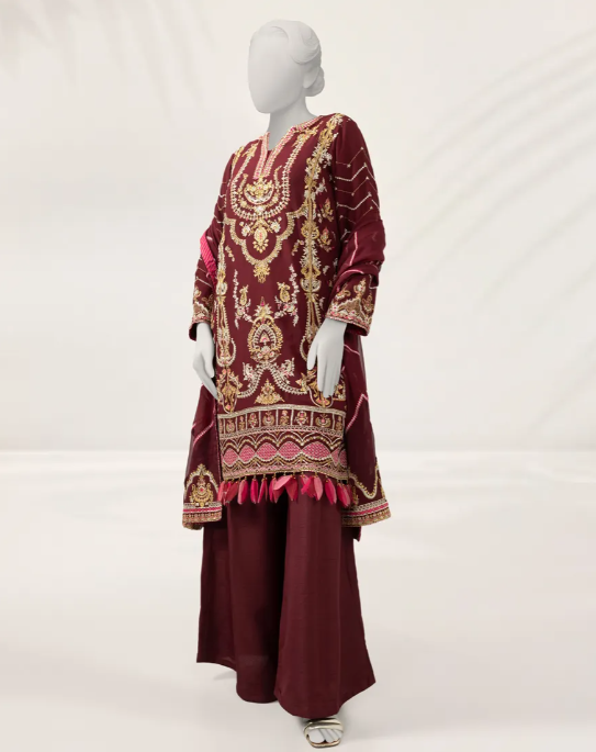 J. MAROON EMBROIDERED CHIFFON UNSTITCHED 3PC