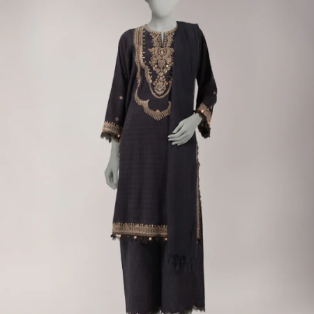 J. black embroidered jacquard unstitched 3pc