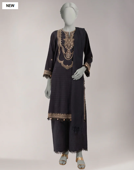 J. black embroidered jacquard unstitched 3pc