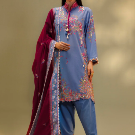 Unstitched Embroidered 3 Piece Muzlin Suit