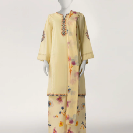 J. yellow lawn embroidered stitched 3pc
