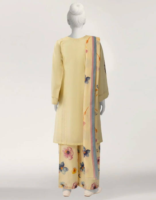 J. yellow lawn embroidered stitched 3pc