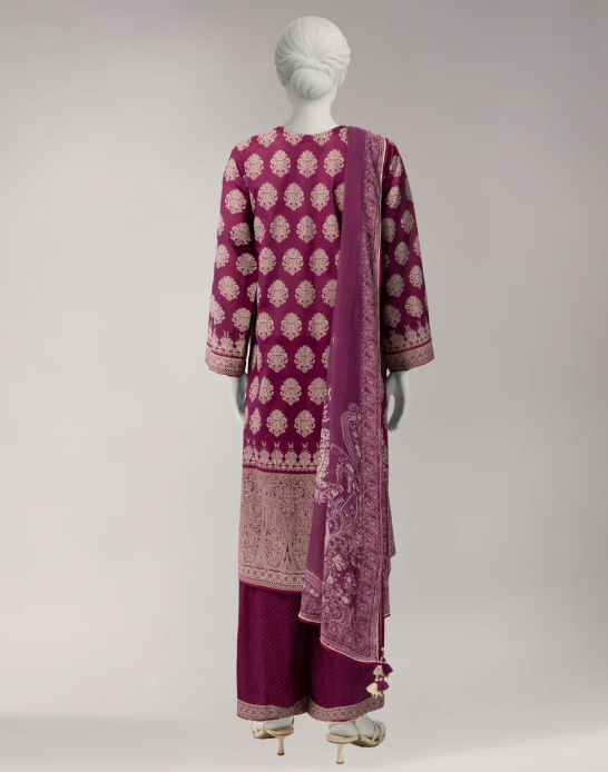 J. purple lawn paste printed unstitched 3pc
