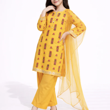 yellow lawn embroidered stitched 3pc