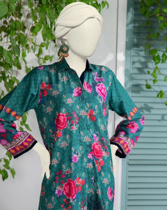 green silk printed 2pc stitched
