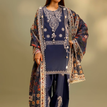Unstitched Embroidered 3 Piece Muzlin Suit