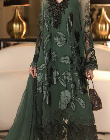 Maria.B Luxury Velvet Applique Chiffon 3-Piece Suit – D7 Bottle Green