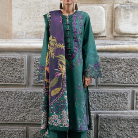 FOREST – Deep Forest Green Embroidered Slub Linen 3-Piece Suit by Rang Rasiya